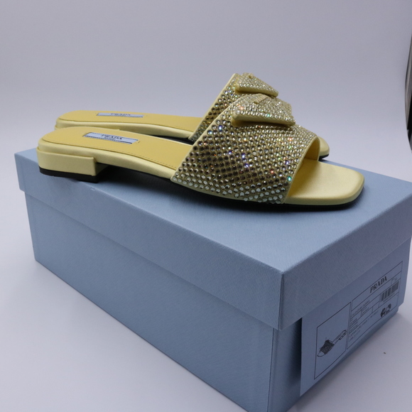 Prada 39 Yellow Crystal Strassed Ciabatte Logo Calzature Donna Flat Slides E716 - Picture 6 of 13